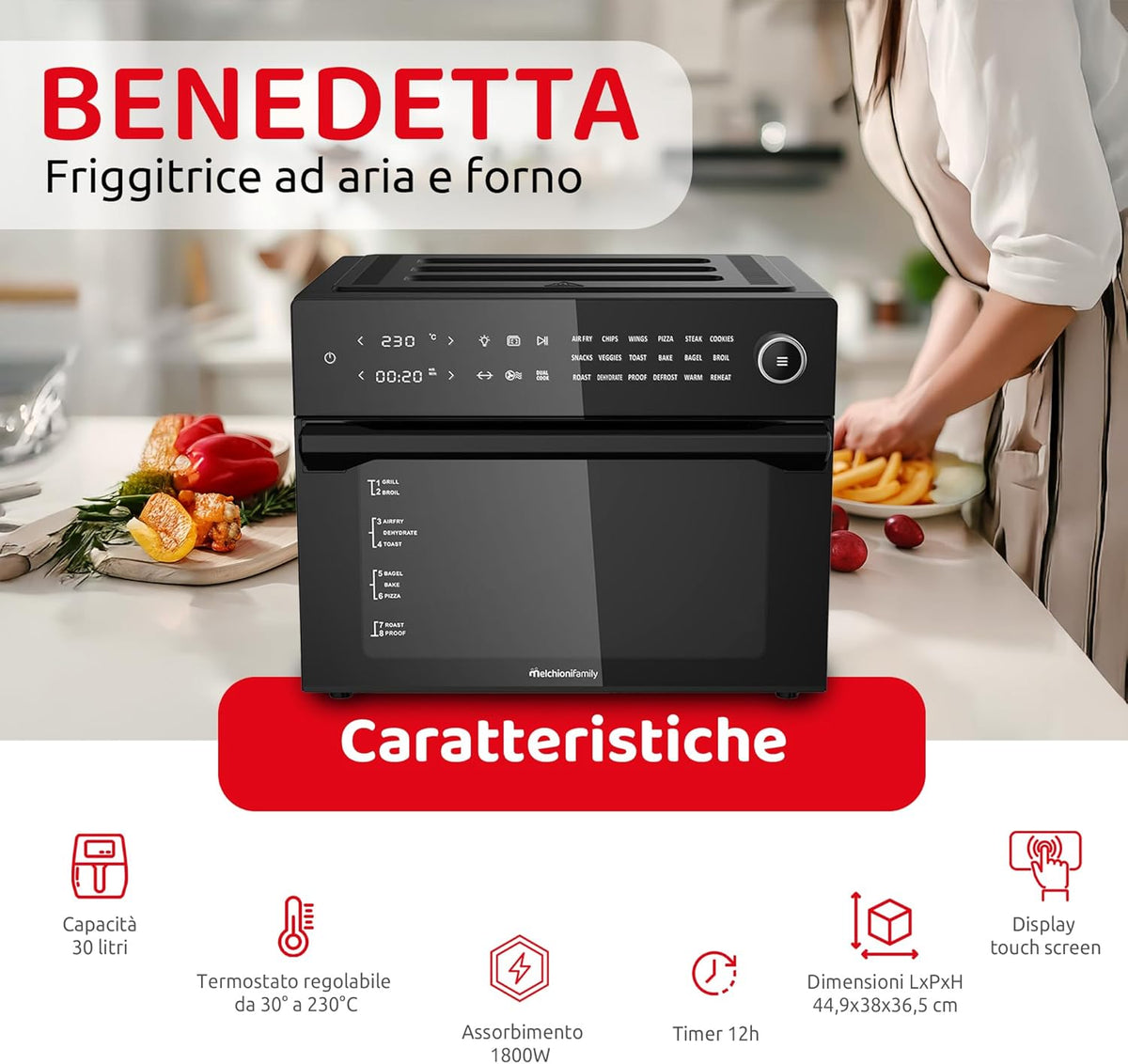 Melchioni Family | Heißluftfritteuse mit 30 Liter Kapazität BENEDETTA, Digitales Display, Dual Cook Funktion, Air Fryer mit 18 Programmen, 30-230°C, Timer 12h, Schwarz, Noire