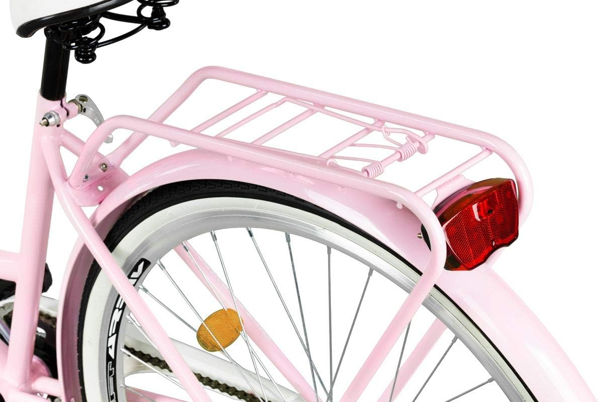 MILORD. Vélo Confort Rose à 1 Vitesse de 26 Pouces avec Panier et Porte-Bagages arrière, vélo néerlandais, vélo pour Femme, vélo de Ville, rétro, Vintage