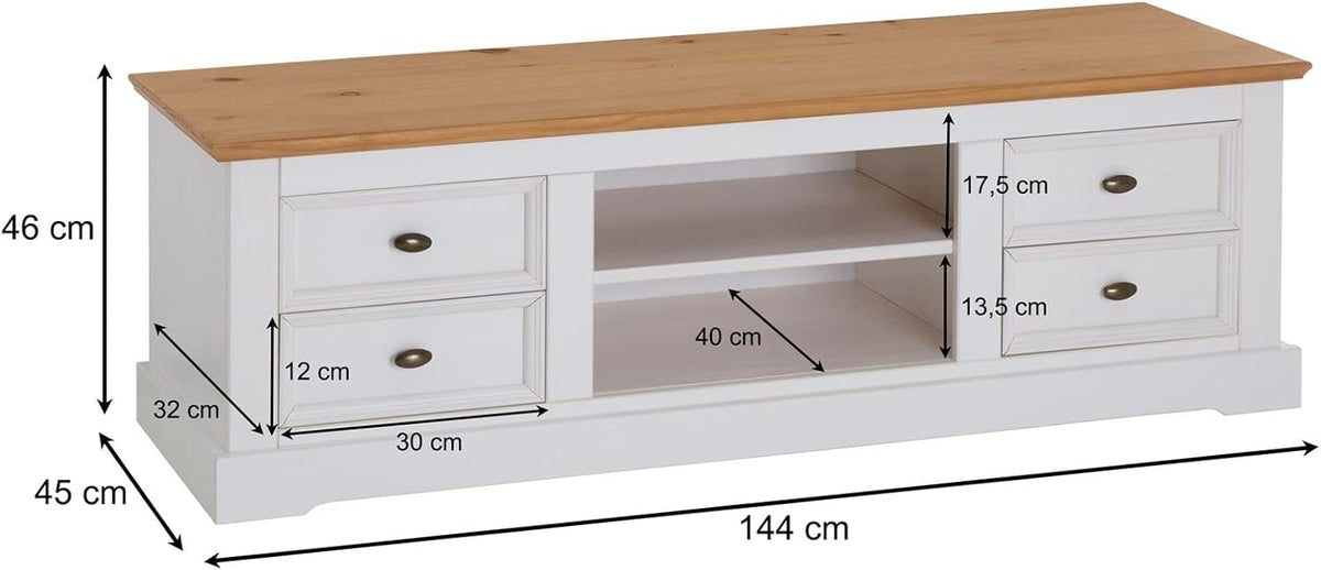 IDIMEX Meuble TV Kent L 144 cm en Bois Massif Blanc et Brun avec Rangement 4 tiroirs et 2 niches pour télévision jusqu'à 60 Pouces 144 x 46 x 45 cm