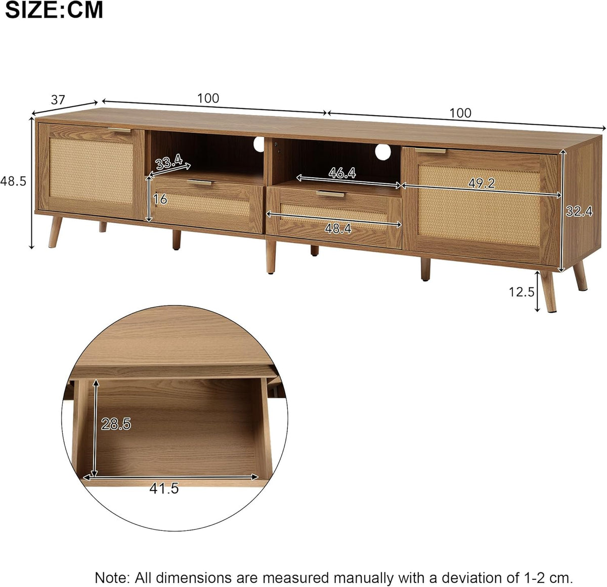 Jaxenor Meuble TV en rotin 200 cm, meuble de télévision, commode TV pour le salon, meuble de rangement pour écran 85 pouces, meuble TV avec beaucoup d'espace de rangement, 2 tiroirs, 2 portes, chêne