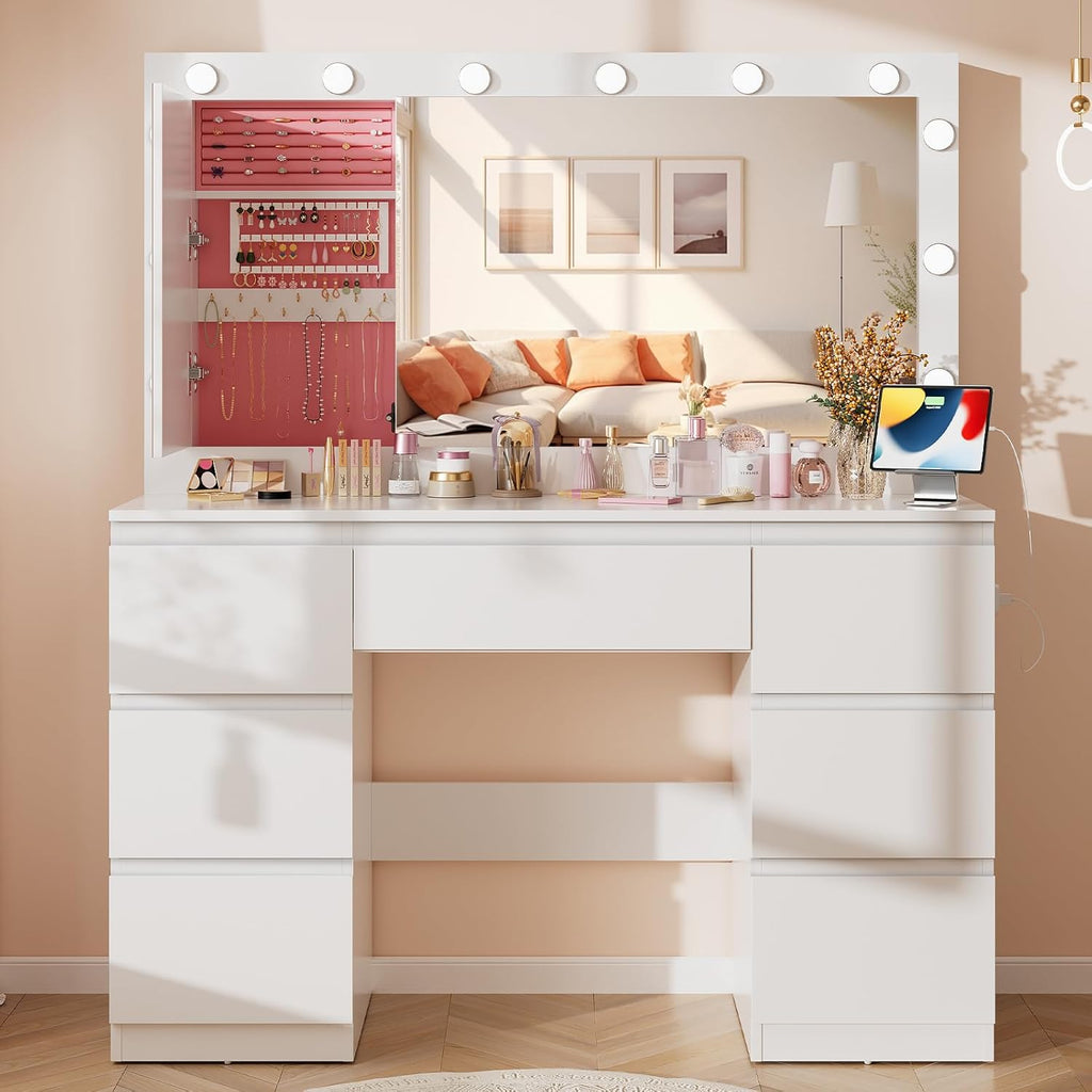 Airfish Coiffeuse avec 12 Ampoules LED et Grand Miroir, Éclairage Réglable, 120x40x140cm, Table de Maquillage avec Multiprise, Rangement pour Bijoux Derrière Le Miroir et 7 Tiroirs