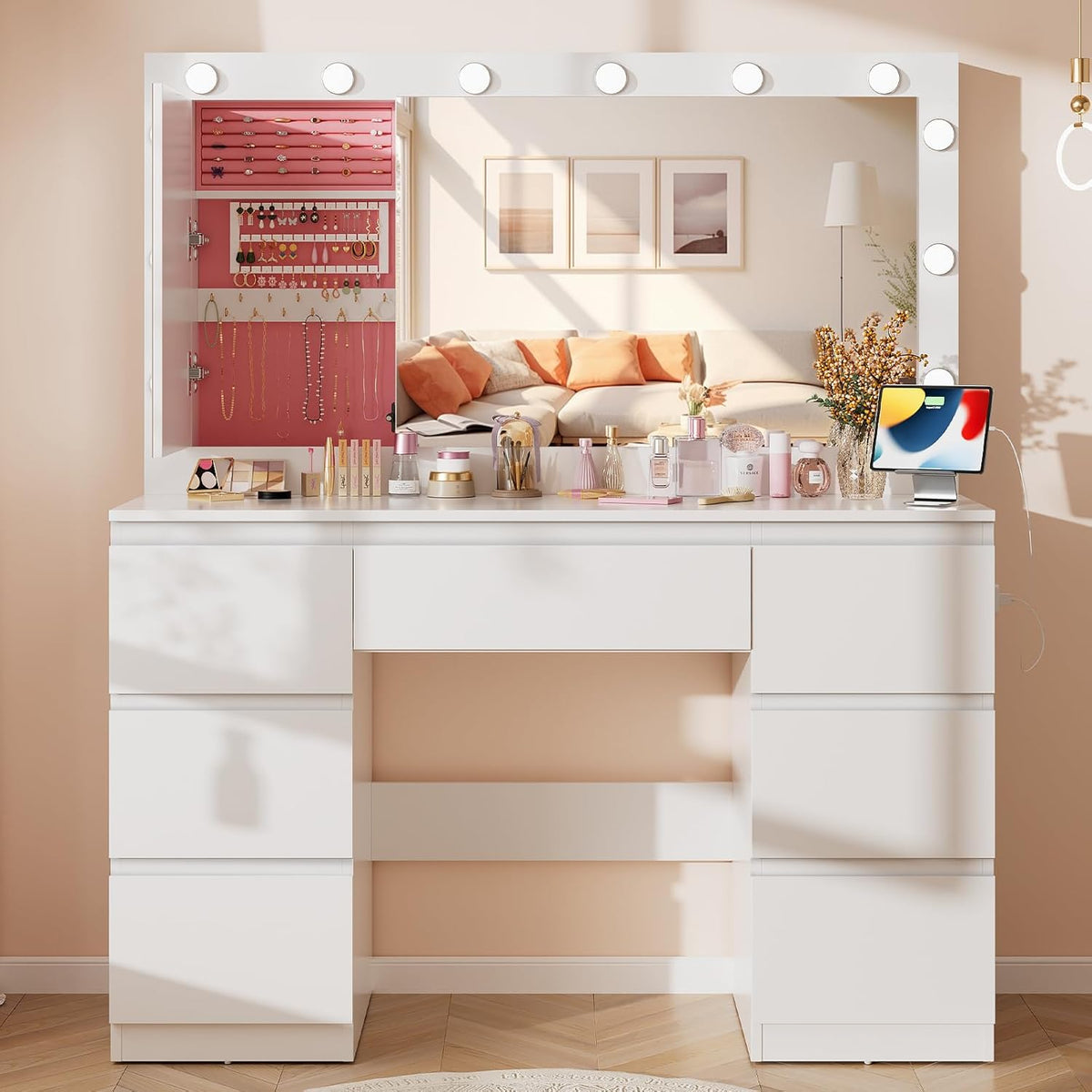 Airfish Coiffeuse avec 12 Ampoules LED et Grand Miroir, Éclairage Réglable, 120x40x140cm, Table de Maquillage avec Multiprise, Rangement pour Bijoux Derrière Le Miroir et 7 Tiroirs