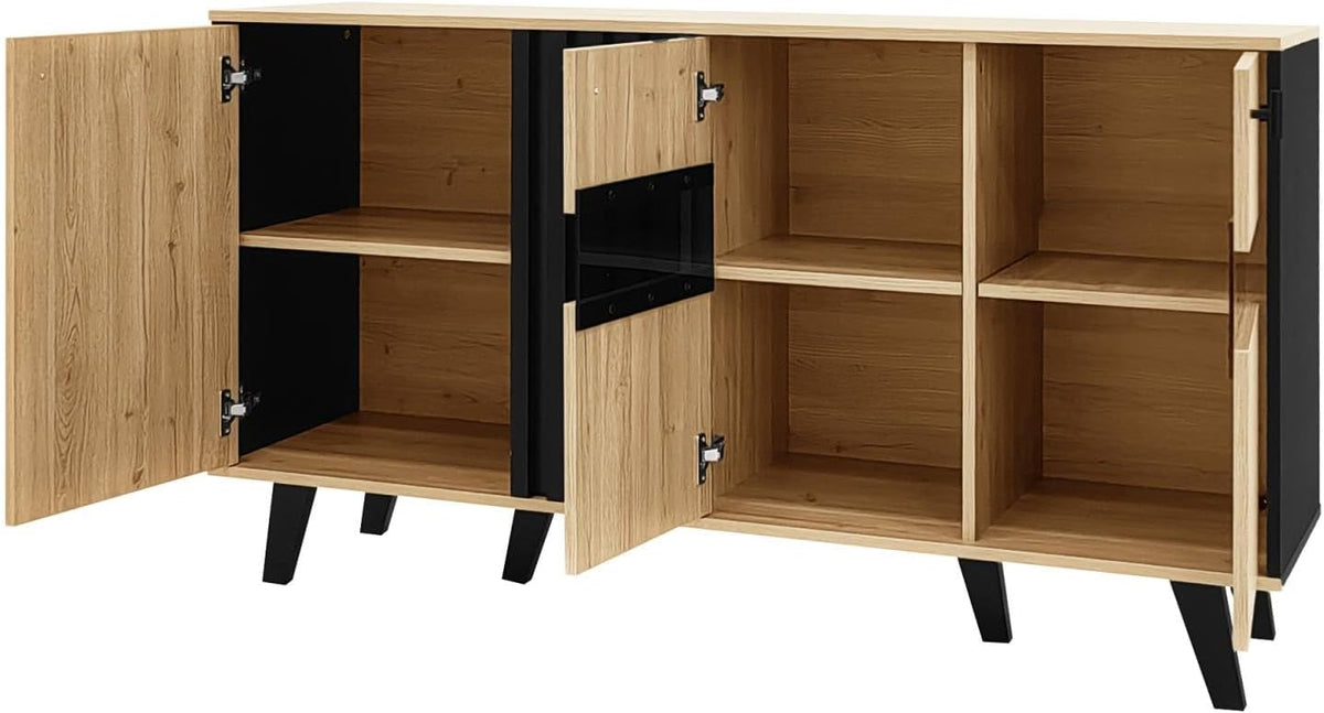 Sweiko Buffet, commode pour salon avec éclairage LED et verre, placard de cuisine avec 3 portes, en bois et noir, buffet pour salle à manger, entrée et couloir (Noir et Naturel)