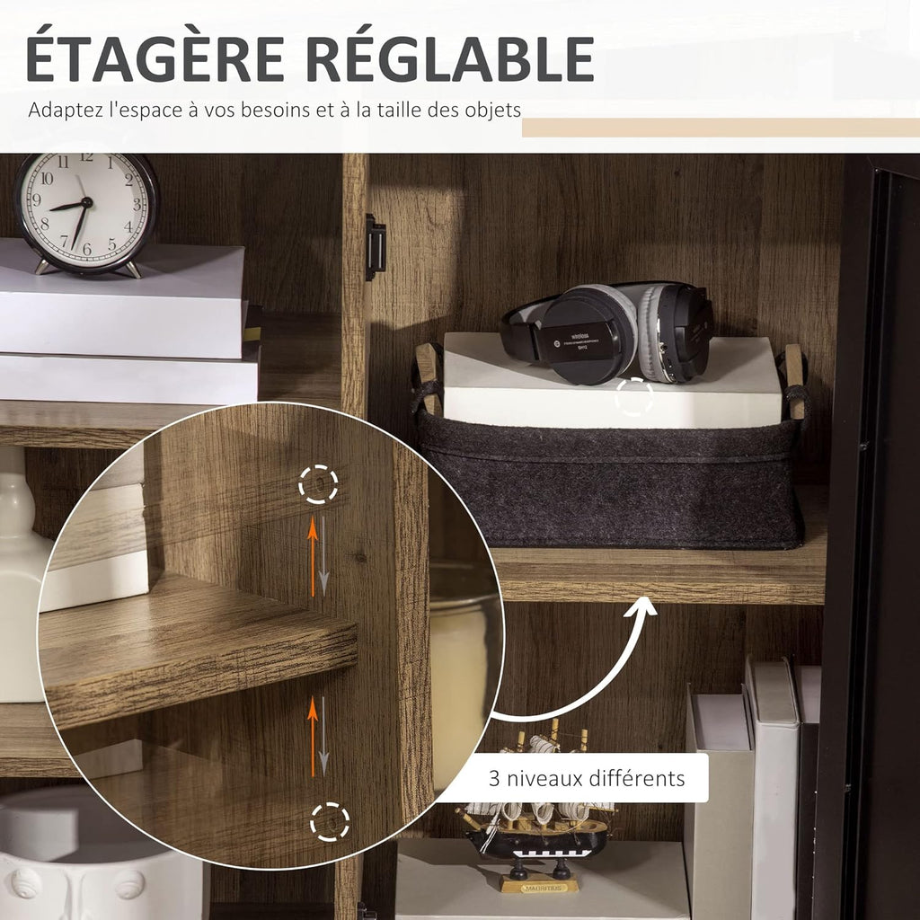 HOMCOM Ensemble Buffet Bibliothèque et Meuble TV Design Industriel 2 Passe-Fils Multi-Rangement Aspect Bois veinage Portes métal Noir