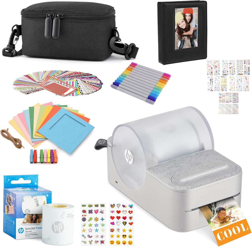 Sprocket Panorama Imprimante Photo et étiquettes Couleur Portable instantanée (Gris) Coffret Cadeau avec étui, Rouleau Zink, Album Photo, marqueurs, Autocollants et Cadres
