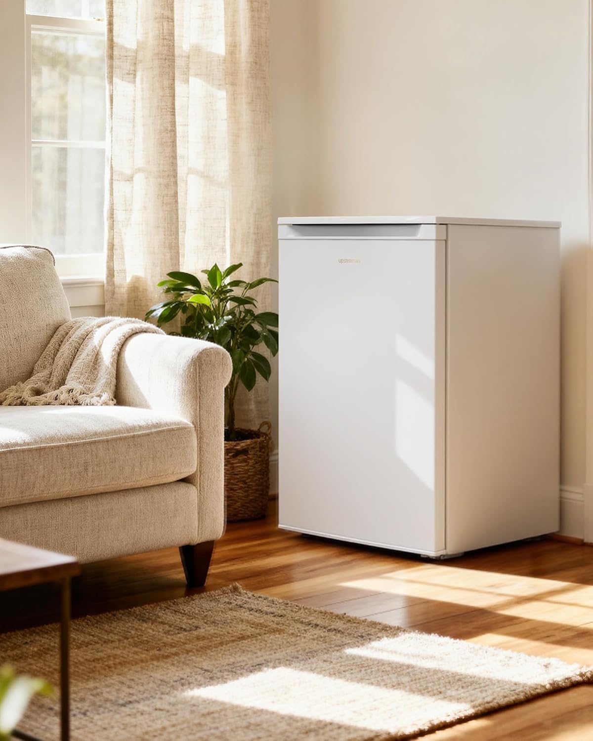 Upstreman 98L Congélateur Armoire,Petit Congélateur a 3 Compartiments, 84,7 x 55,6 cm, -18℃ Congélation 4 Étoiles,Porte Réversible, Congelateur Table Top, Blanc, UF98