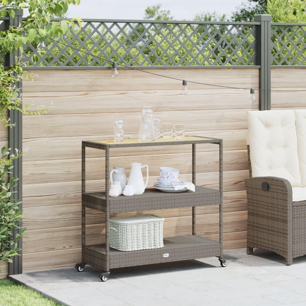 Tomostar Desserte de Jardin, Chariot de Bar Desserte Extérieur 3 Niveaux Gris rotin et Bois d'acacia Massif