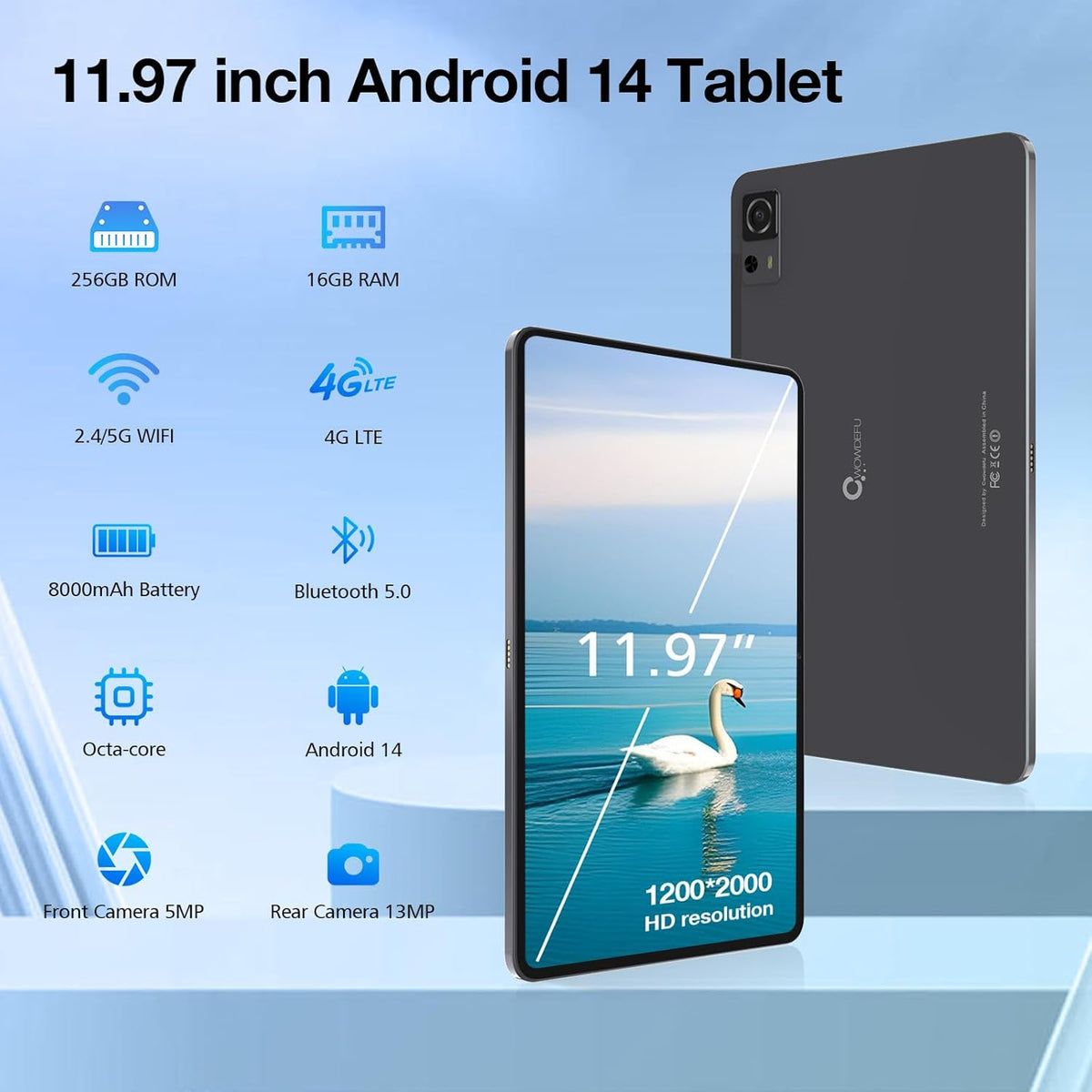 Weelikeit Tablette Android 14 2K FHD 12 Pouces avec Clavier, 4G LTE Double SIM, 16Go RAM + 256Go ROM, Charge Rapide 20W, 8000 mAh/GPS/GMS/OTG/Gris