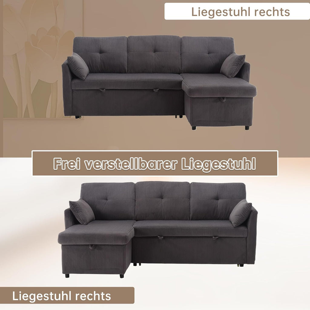 Canapé d'angle Convertible avec sièges de Rangement et Poches accoudoirs,Canapé Convertible avec Forme des Rayures,canapé 3 Places,canapé lit, Velours (Gris foncé)