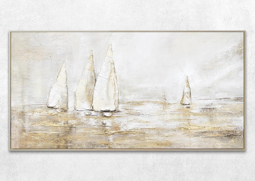 YS Tableau decoration murale salon peinte à la main Éblouissement solaire Peinture moderne paysage marin avec voiliers tons beiges avec or avec cadre 140x70 cm