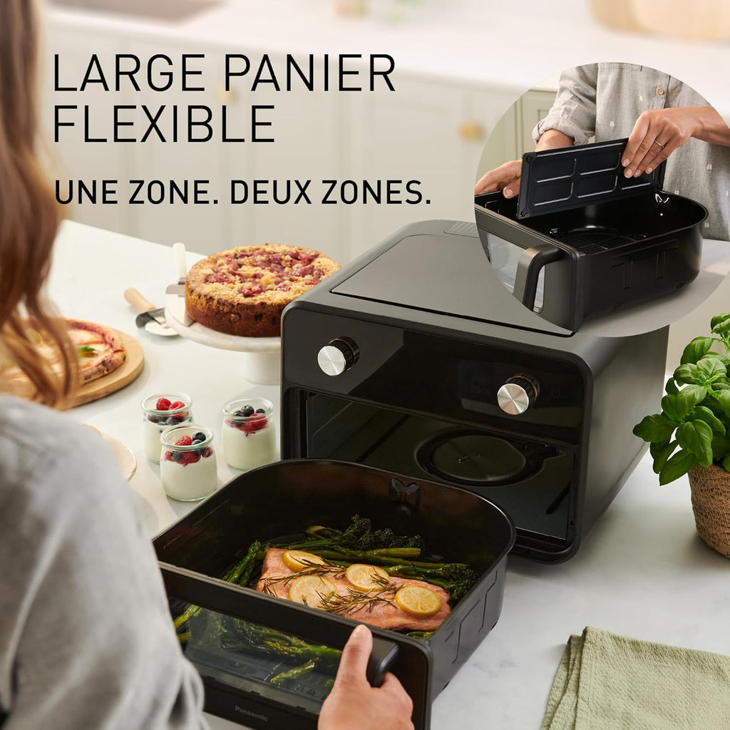 Panasonic NF-BC1000 Friteuse à Air Flexible avec Fenêtre, XL Panier Flexible, Séparateur Amovible, 9,6L, 30°-230C, Vapeur Douce, 8 Préréglages, Nettoyage Facile, Noir