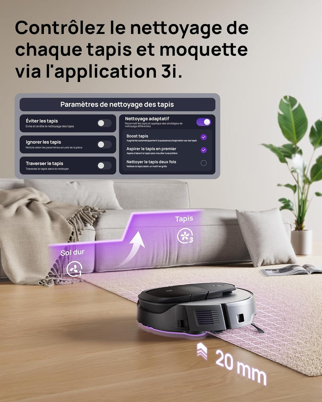 3i Robot aspirateur Laveur G10+, Compression silencieuse des débris, 60 Jours sans vidange, Serpillière et Brosse Extensibles, 18000 Pa, évitement d’Obstacles Digne d’Un Flagship