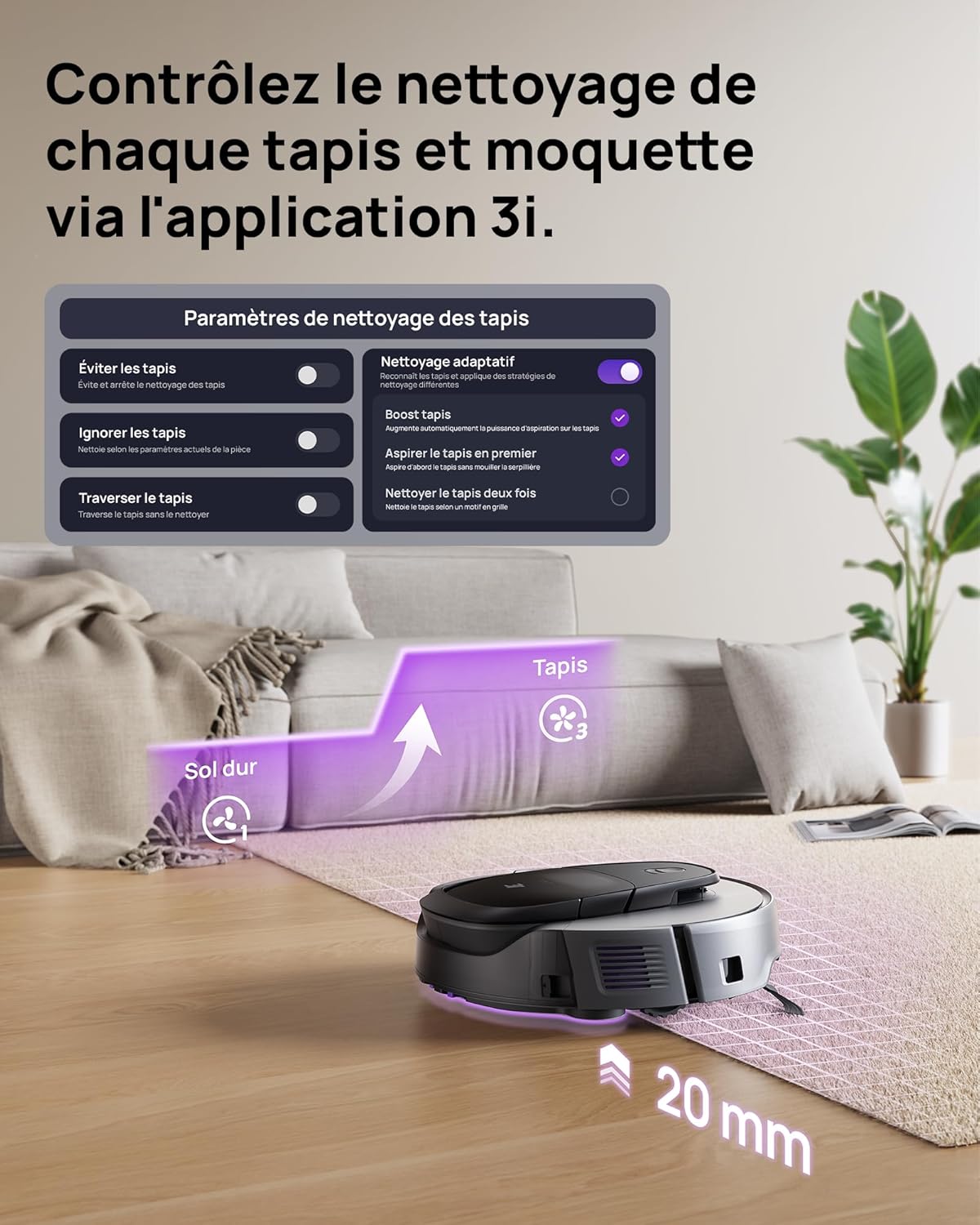 3i Robot aspirateur Laveur G10+, Compression silencieuse des débris, 60 Jours sans vidange, Serpillière et Brosse Extensibles, 18000 Pa, évitement d’Obstacles Digne d’Un Flagship