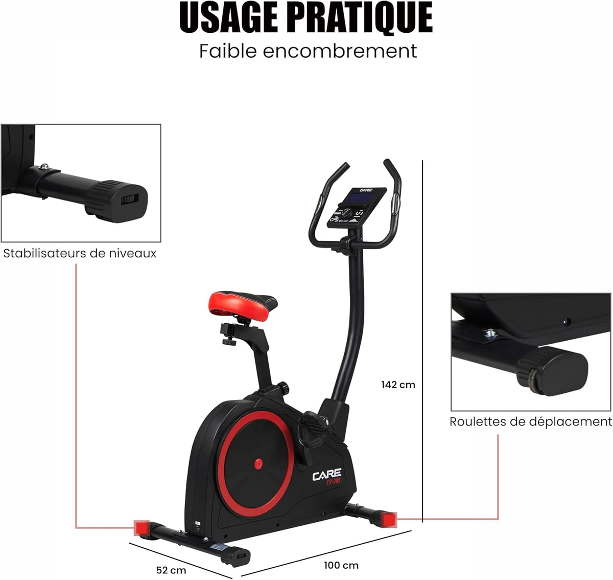 CARE FITNESS - Vélo d’Appartement CV-385-24 Niveaux de Difficulté - 24 Programmes - Compteur LCD Rétro-éclairé - Cardiofréquencemètres - Compatible avec l'application Kinomap - Port USB Noir