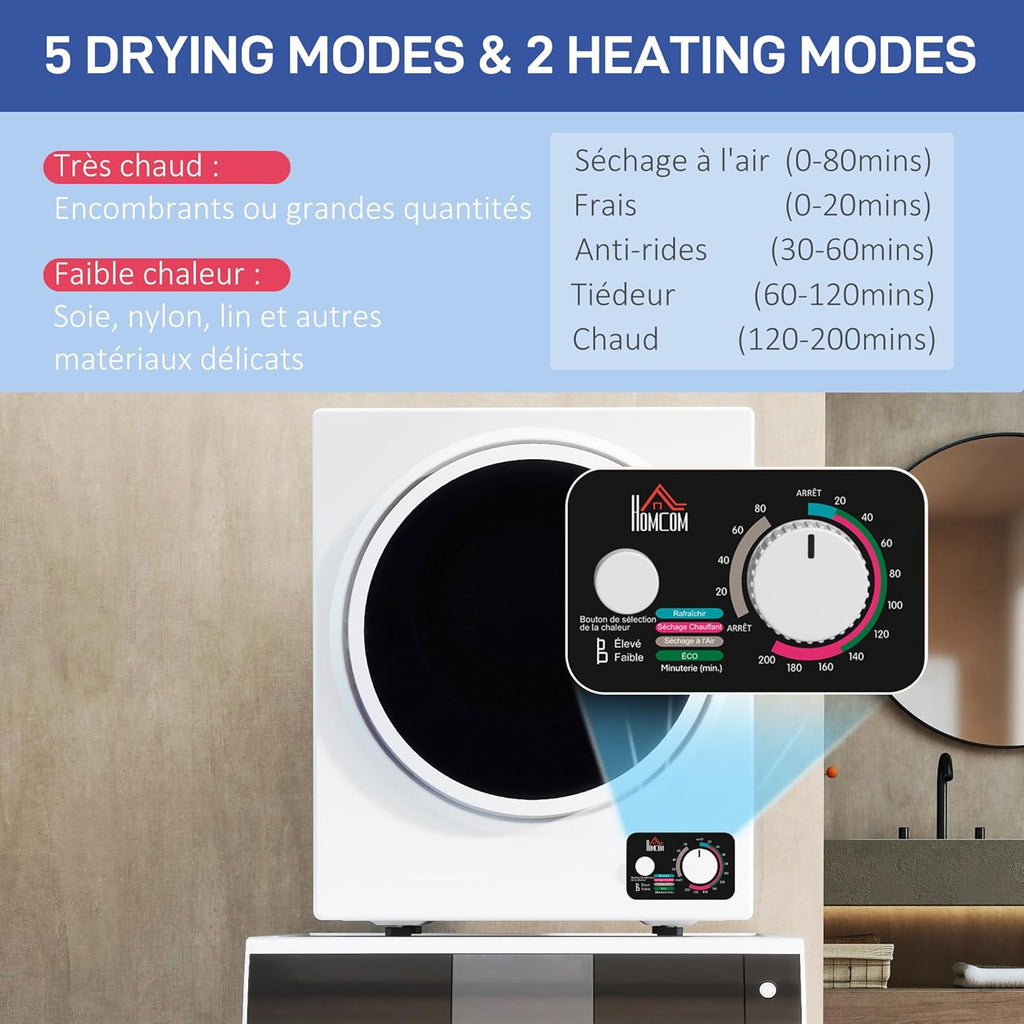 HOMCOM Sèche-linge à évacuation portable, sèche-linge électrique 850 W, 4 Kg, 4 modes de séchage, 2 niveaux de chauffage, cuve en acier inoxydable, installation murale, pour appartement dortoir, blanc