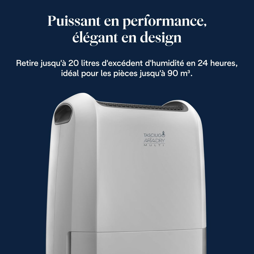 De’Longhi Tasciugo AriaDry Multi - Déshumidificateur Portable pour la Maison, Élimination de l'Humidité 20L/24h, Séchage, Anti-Moisissure, Minuteur, Silencieux, Blanc (DDSX220)