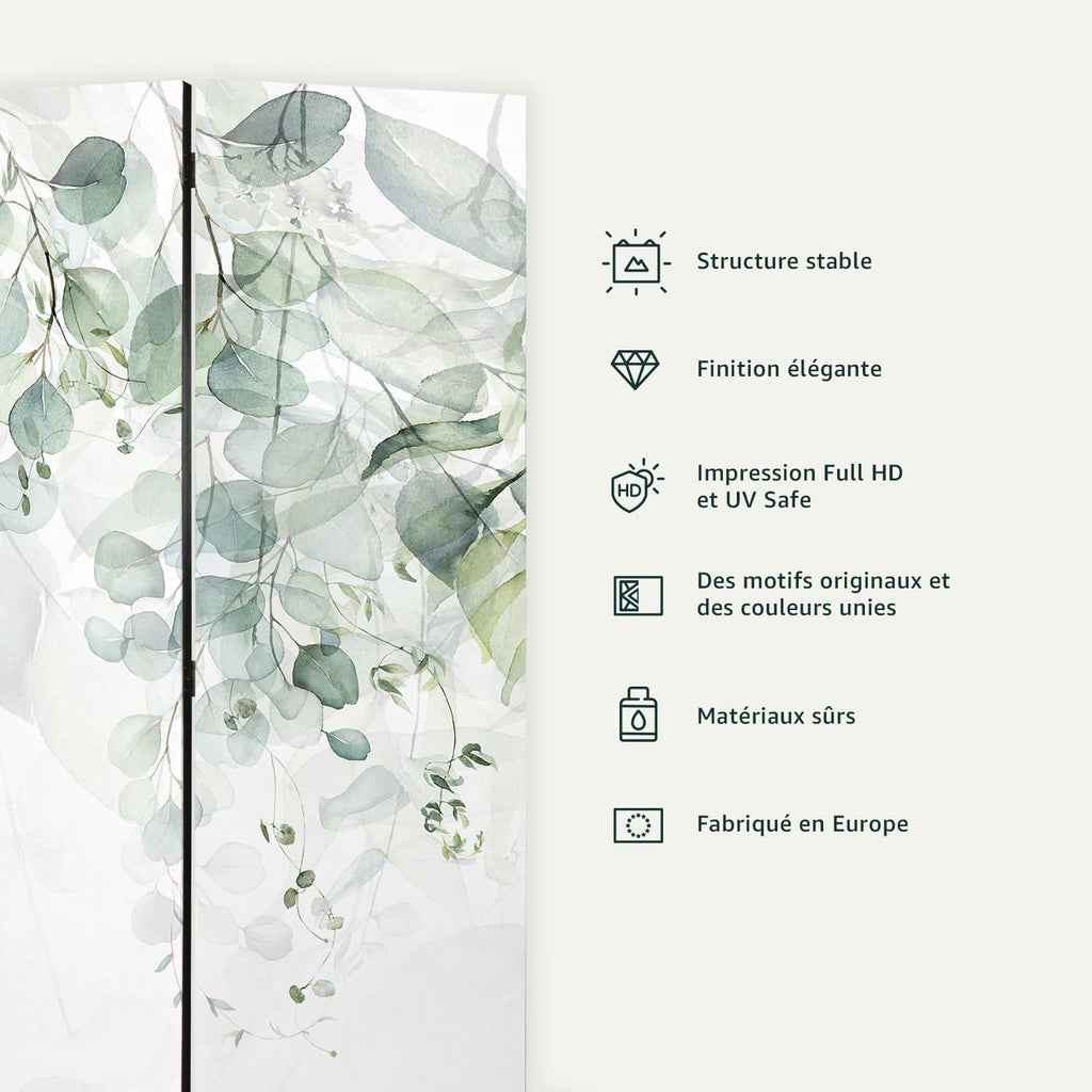 decomonkey - Paravent décoratif intérieur Bois Rétro 225x172 cm - Cloison de séparation - Gris Vert Blanc Beige - Inscriptions en Bois à Motif Marron sur Fond de Texture de Miel épicé français