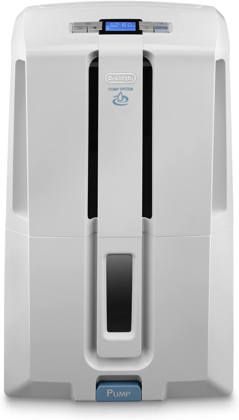 De'Longhi DD230P Aria Dry Pump Déshumidificateur, Efficacité dès 24h, Tuyau Evacuation 5 m, Réservoir d'eau Amovible, Capacité 30 Litres,540 W, Blanc
