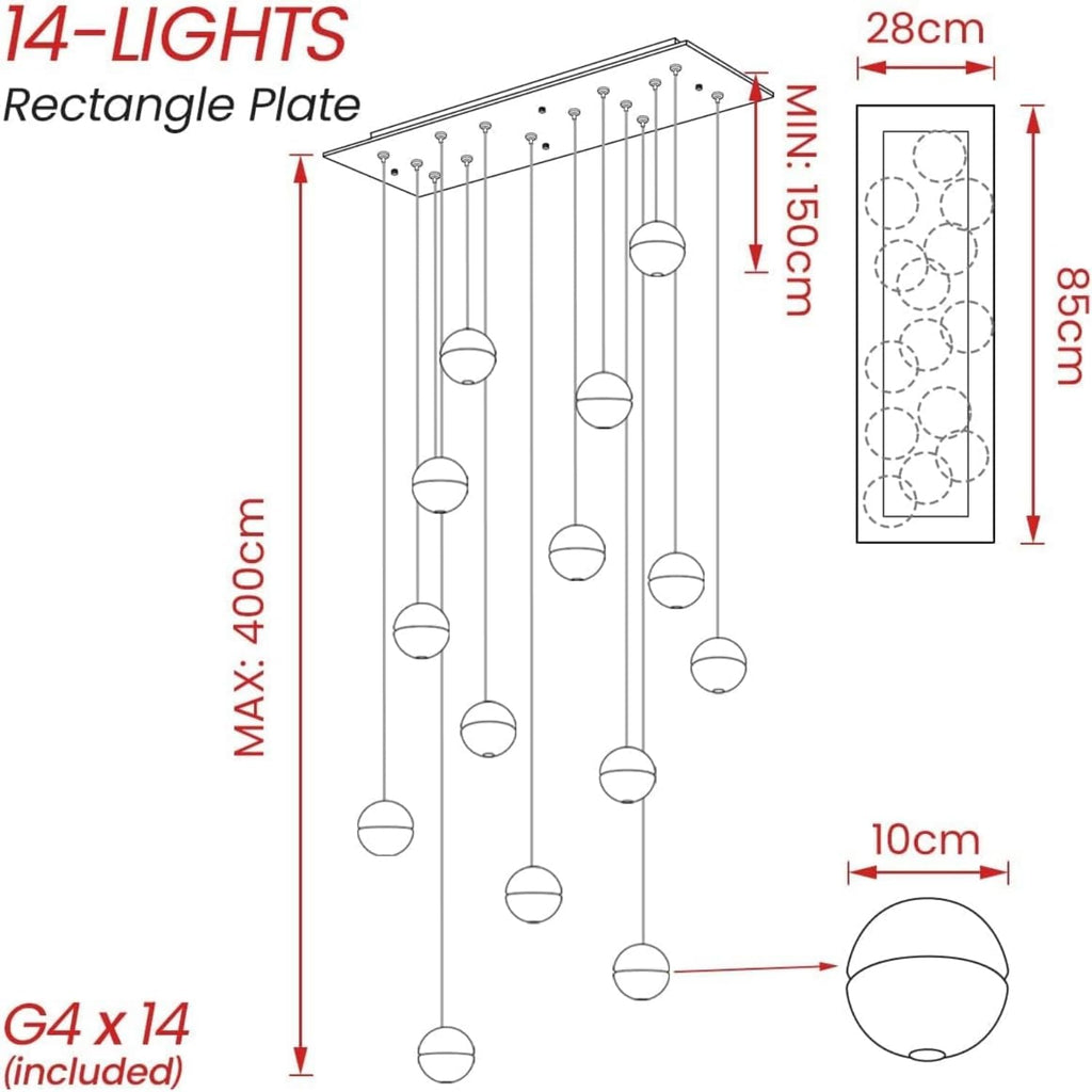 KJLARS Suspensions LED Contemporaine Pendentif Lampe Hauteur Réglable Lustres adapté pour salon table à manger escalier chambre Plafonniers lampe suspendue 14 lumières-rectangle
