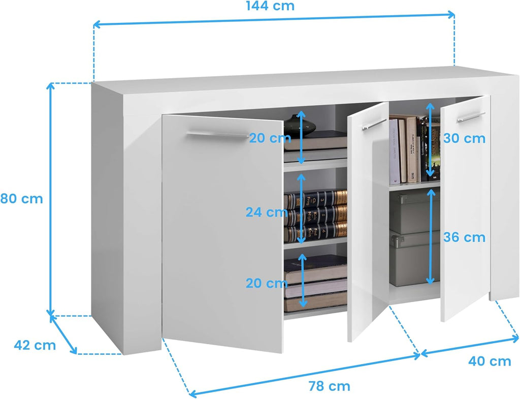 Habitdesign Modèle Ambit Buffet moderne pour salle à manger, couleur Blanc « Artik », dimensions : 144 x 42 x 80 cm (l x P x H).