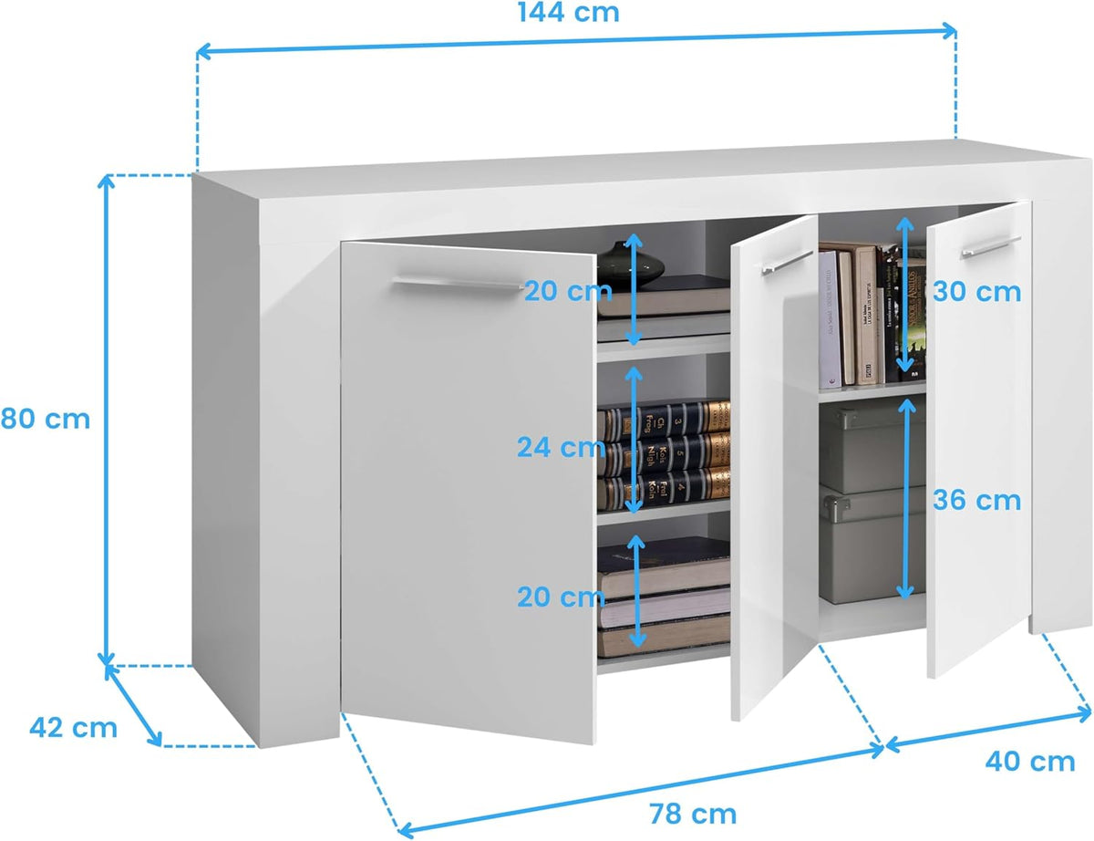 Habitdesign Modèle Ambit Buffet moderne pour salle à manger, couleur Blanc « Artik », dimensions : 144 x 42 x 80 cm (l x P x H).