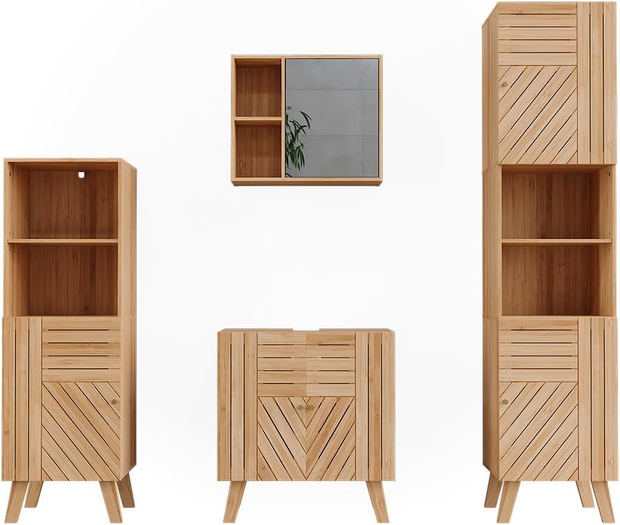 Vicco Ensemble de Meubles de Salle de Bains Lucie, Bambou, 4 pièces, avec Armoire de Milieu et Armoire Haute