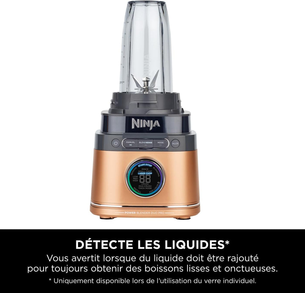 Ninja Detect Power Blender Pro et Single Serve 2-en-1, mixeur 1200W avec récipient 2L, 1 gobelets individuel, mixeur pour smoothies et boissons glacées, hachage de légumes, Noir et Cuivre, TB301EUCP