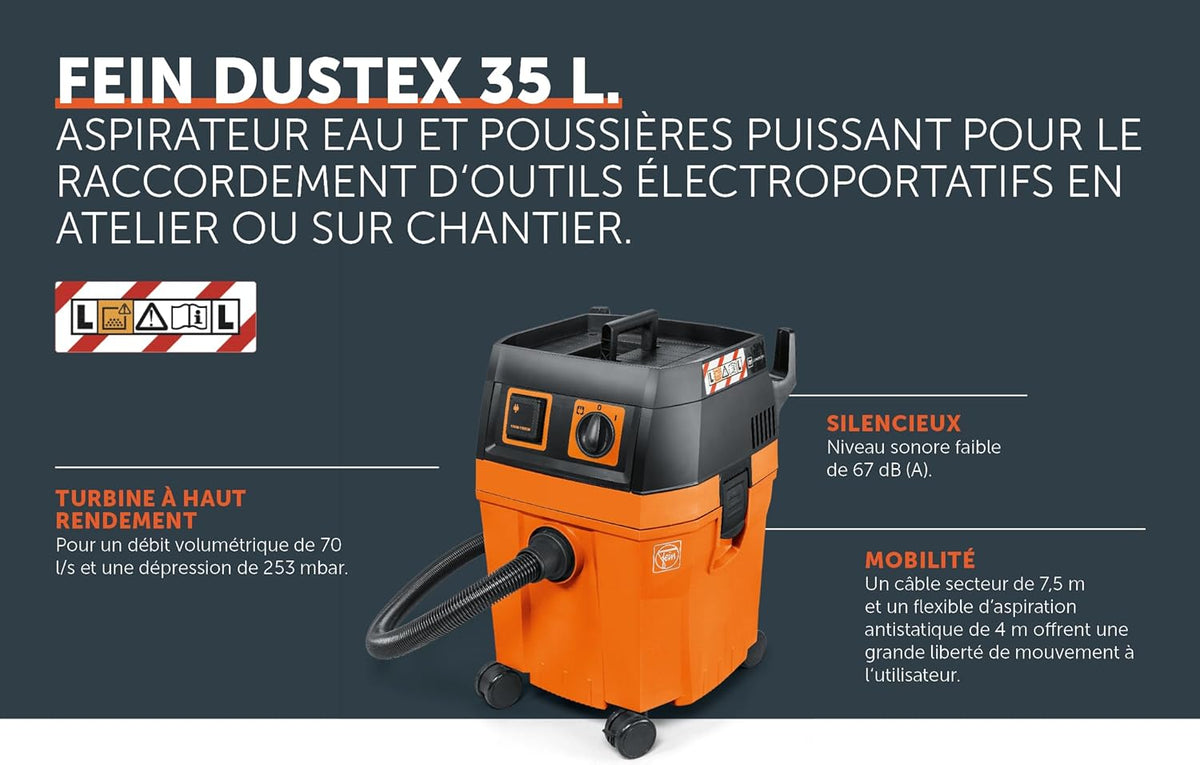FEIN Dustex 35 L, Aspirateur eau et poussières puissant pour le raccordement d'outils électroportatifs en atelier ou sur chantier. Câble avec fiche 7.5 m, Puissance absorbée 1 380 W