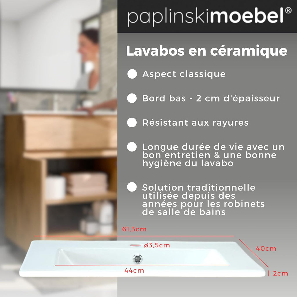 paplinskimoebel Meuble Salle de Bain 60 cm avec Vasque Ariza Sink | Meuble sous lavabo avec 1 tiroir et 2 Portes | Suspendu ou Debout | Bois Chêne