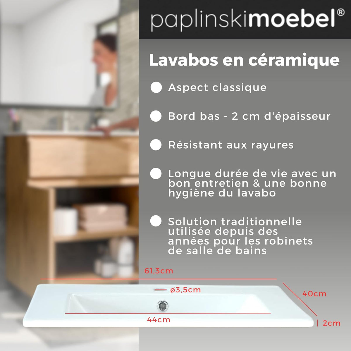 paplinskimoebel Meuble Salle de Bain 60 cm avec Vasque Ariza Sink | Meuble sous lavabo avec 1 tiroir et 2 Portes | Suspendu ou Debout | Bois Chêne
