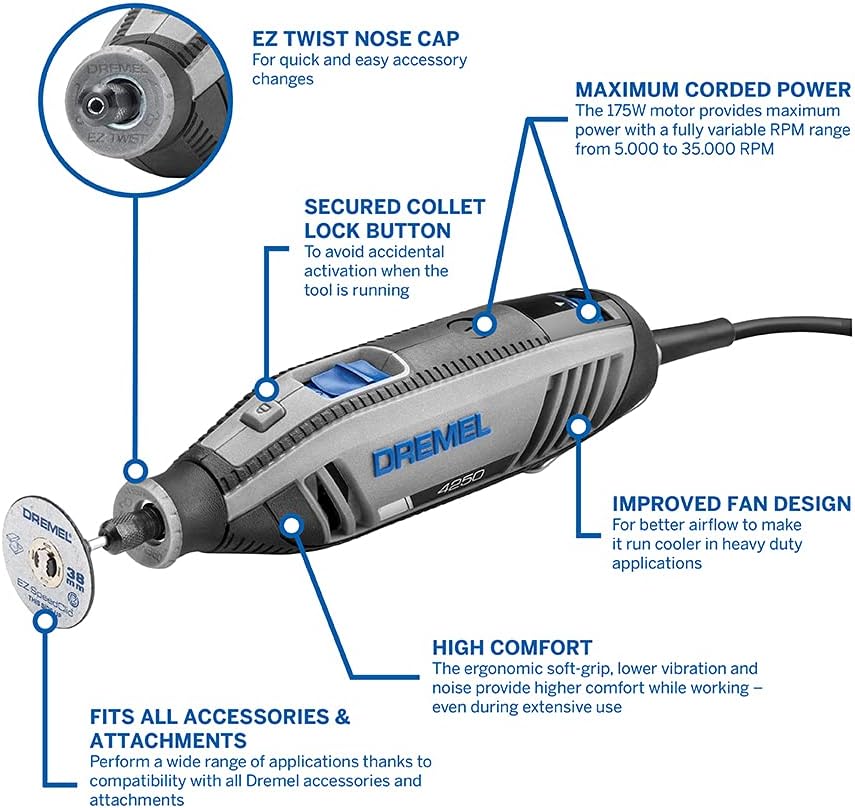 Dremel 4250 Outil Rotatif Multifonction 175W avec 3 Adaptations 35 Accessoires Vitesse Variable & Coffret de 150 accessoires Dremel pour outils rotatifs pour graver, découper, poncer, meuler