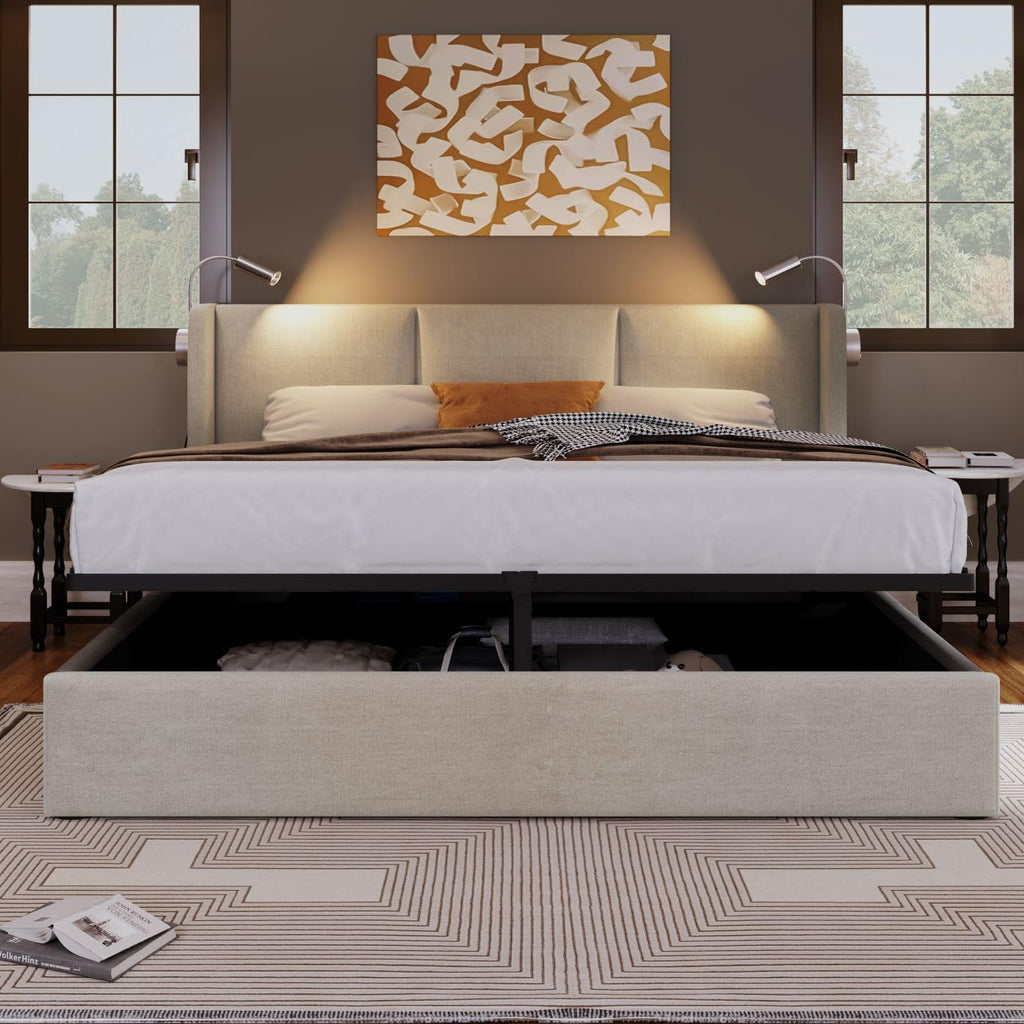 Sweiko Rembourré Cadre de Lit 140x200 cm avec éclairage LED sommier et Rangement à Lattes,USB Chargement, Linen sans Matelas