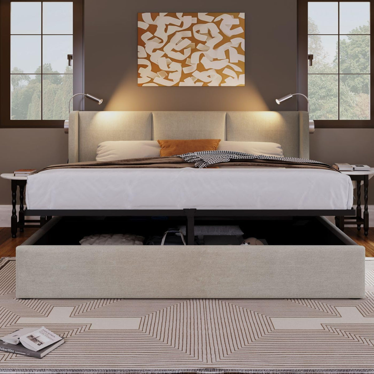 Sweiko Rembourré Cadre de Lit 140x200 cm avec éclairage LED sommier et Rangement à Lattes,USB Chargement, Linen sans Matelas