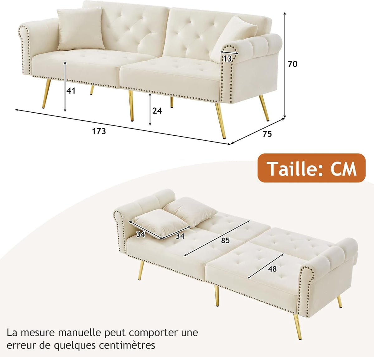 KOMHTOM Canapé-lit avec Dossier Réglable en 3 Positions, Canapé 2 Places élégant avec 2 Coussins et Fonction Sommeil, pour Salon, Chambres à Coucher (Beige)