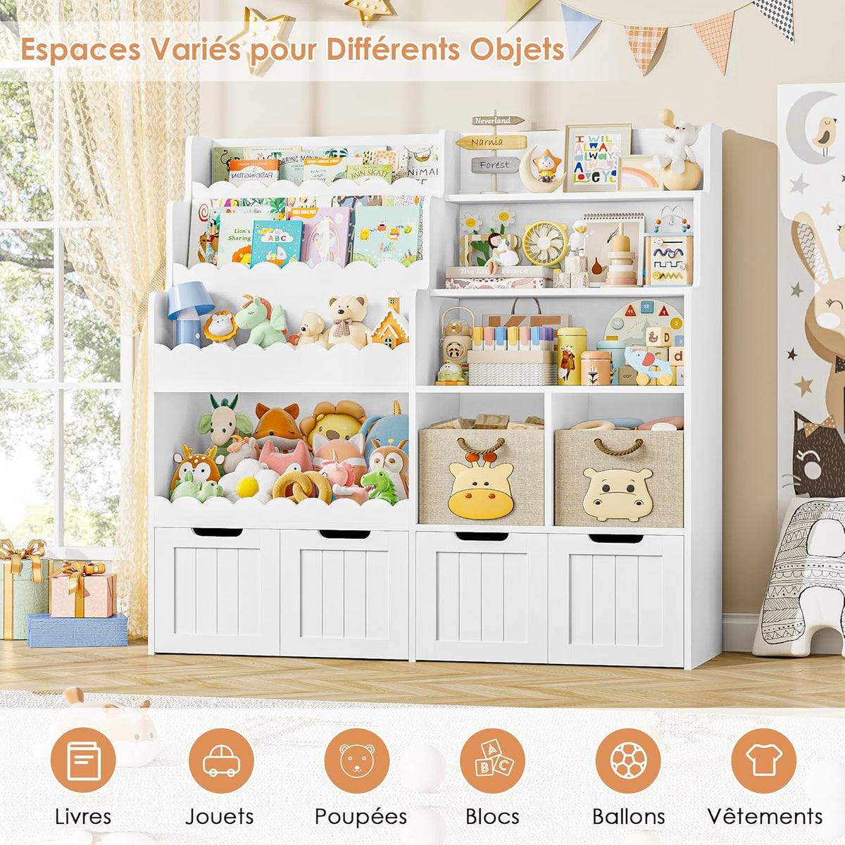 FOREHILL Meuble Rangement Enfant Bibliothèque Enfant avec 4 Boîtes Amovibles 9 Étagères Rangement Jouet pour Chambre d’Enfants Salle de Jeu 125x40x120 cm Blanc