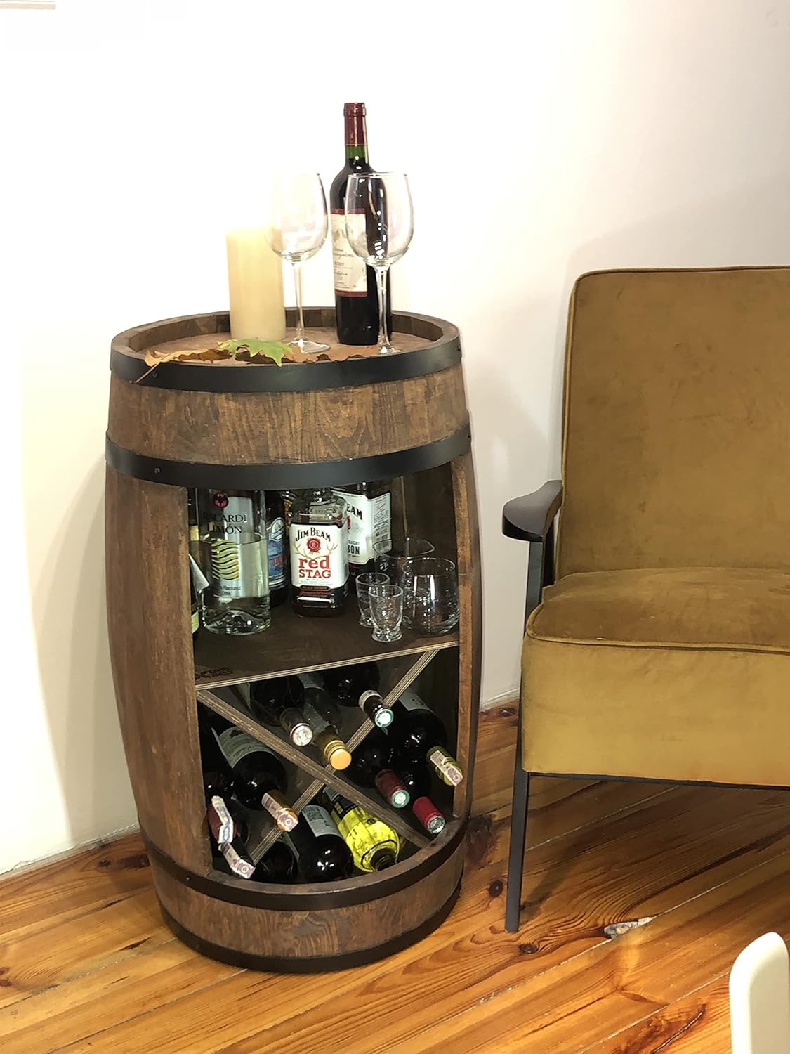 weeco Bar en tonneau en Bois avec casier à vin en X - Meuble Bar Rustique pour Bouteilles - Fût-Bar décoratif - Armoire à liqueurs - 80x50x44cm Marron foncé