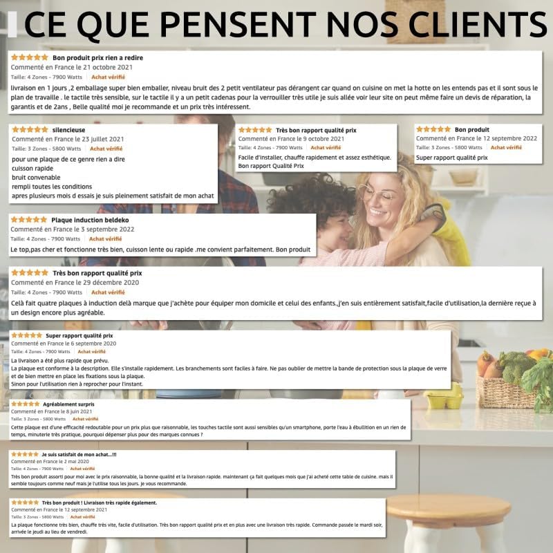 Plaque à induction 4 foyers – 7 900 W – BELDEKO – Encastrable 59 x 52 cm – Verre noir – Minuterie + 4 boosters – Marque française
