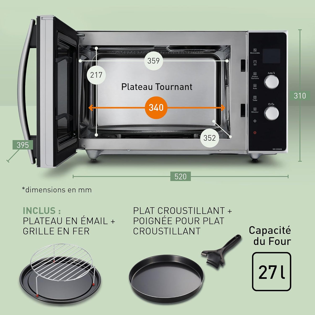 Panasonic NN-CD565BEPG - Four 3 en 1 Combiné, 27 L, Inverter, Chaleur à 100-220°C, Gril Quartz 1300W, Micro-ondes 1000 W, Plat Crispy, Plateau tournant 34 cm, Noir - Version FR