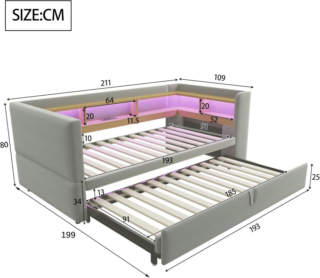 Canapé lit 90x190, Canapé Convertible avec LED et USB, lit 2 Personnes 90/180x190 avec lit gigogne et Plusieurs Compartiments de Rangement, Meuble Salon Gris Clair (sans Matelas)