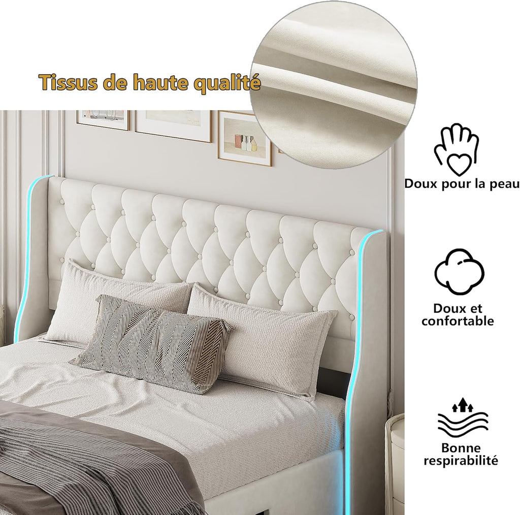 Callicarpa Cadre de Lit avec Tiroirs de Rangement, Lits LED 160 X 200, Lit Deux Place, lit Double, Lits et Cadre de Lit pour Adulte, Beige