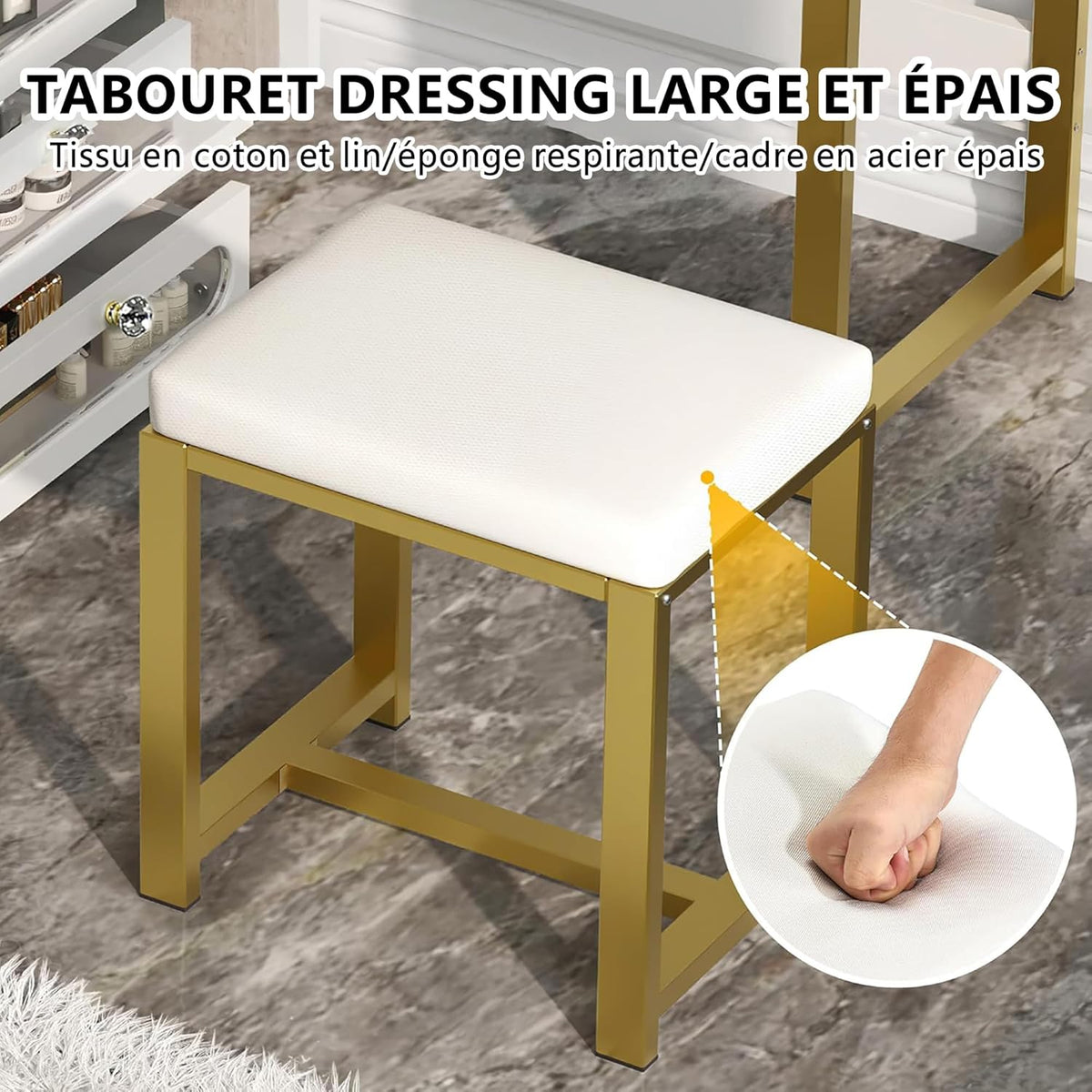 Coiffeuse avec Miroir Réglable LED et Tabouret, Coiffeuse d'angle en L, Commode Moderne avec 5 tiroirs et 2 étageres enacrylique, pour Chambre à Coucher, Salon, Blanc
