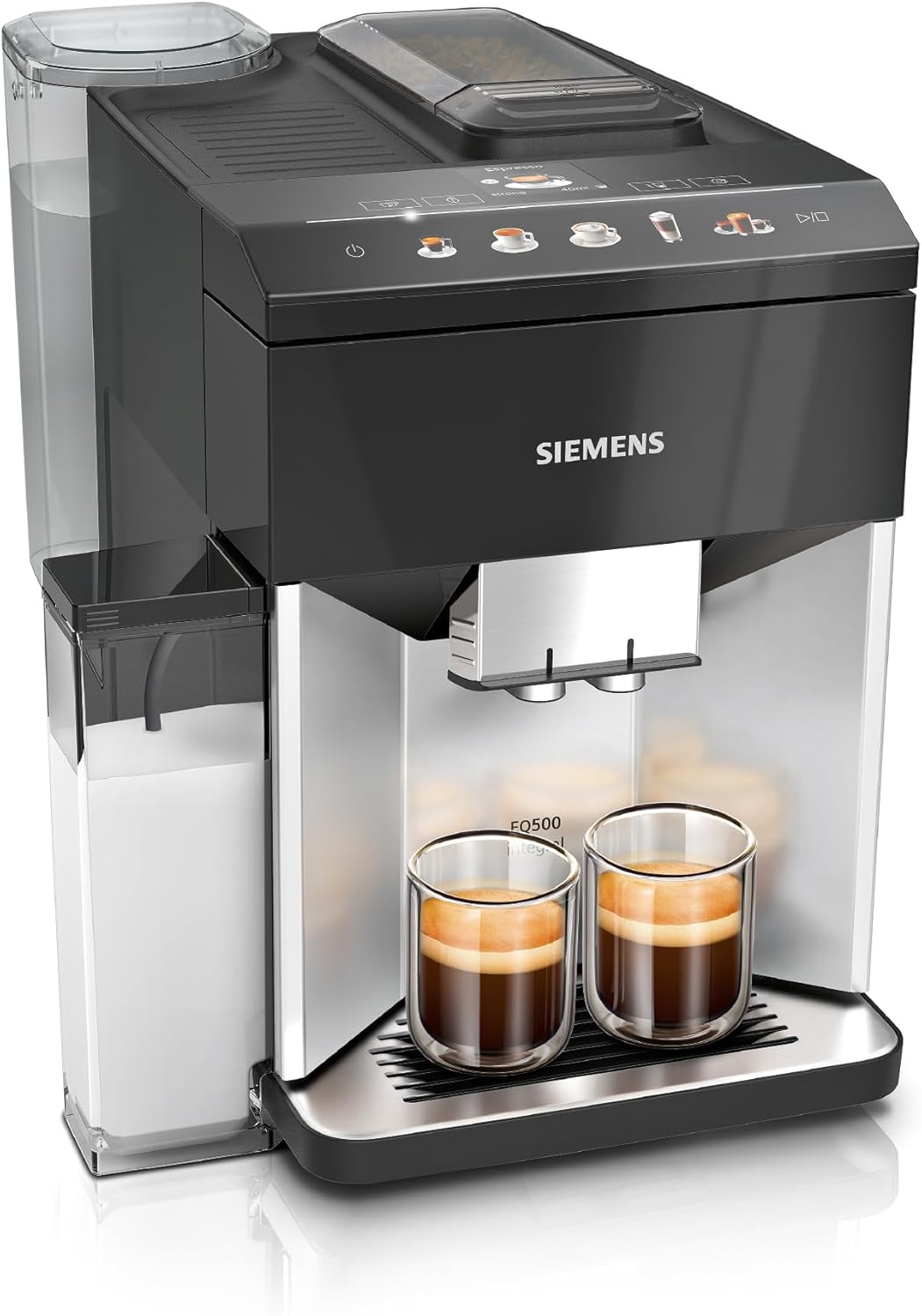 SIEMENS, machine à café tout automatique, EQ500, aromaDouble Shot, autoMilk Clean, ceramDrive, bandeau coffeeSelect, fonction double tasse, Noir/Argenté, TQ513R01