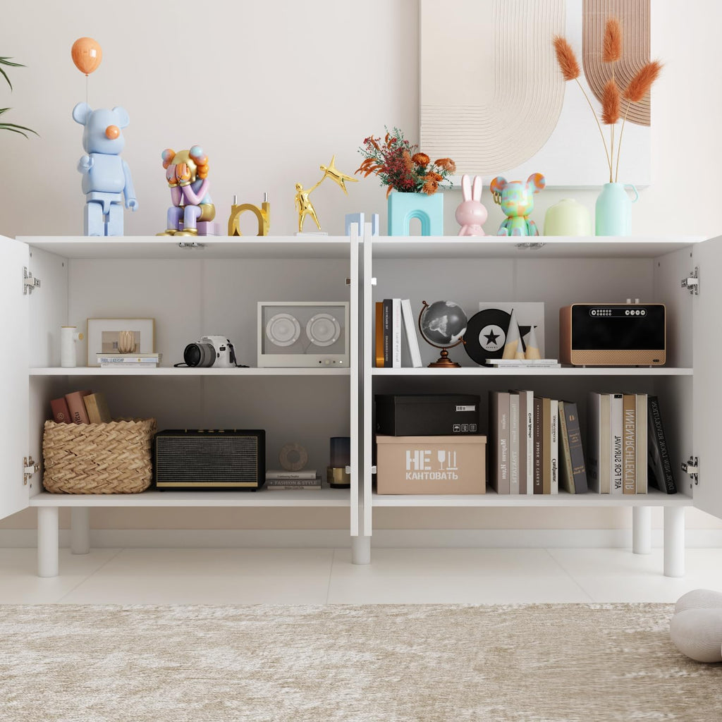 PREMTURE Buffet blanc - Armoire de rangement à 4 portes - Design élégant avec bouton pression - Pieds en bois massif - 160 x 80 x 40 cm