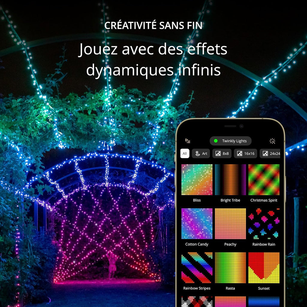 Twinkly Strings 600 LED RGB+Blanc, Guirlande Lumineuse Exterieur et Intérieur, Lumières LED Multicolores, Compatible avec Alexa, Google Home, Guirlande Noël, IP44, Contrôle App, Fil Noir, 48m