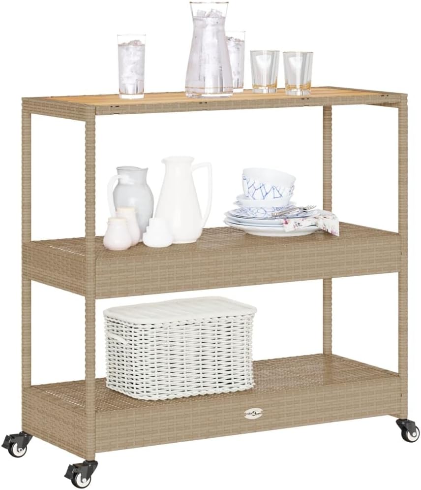 Tomostar Desserte de Jardin, Chariot de Bar Desserte Extérieur 3 Niveaux Beige rotin et Bois d'acacia Massif