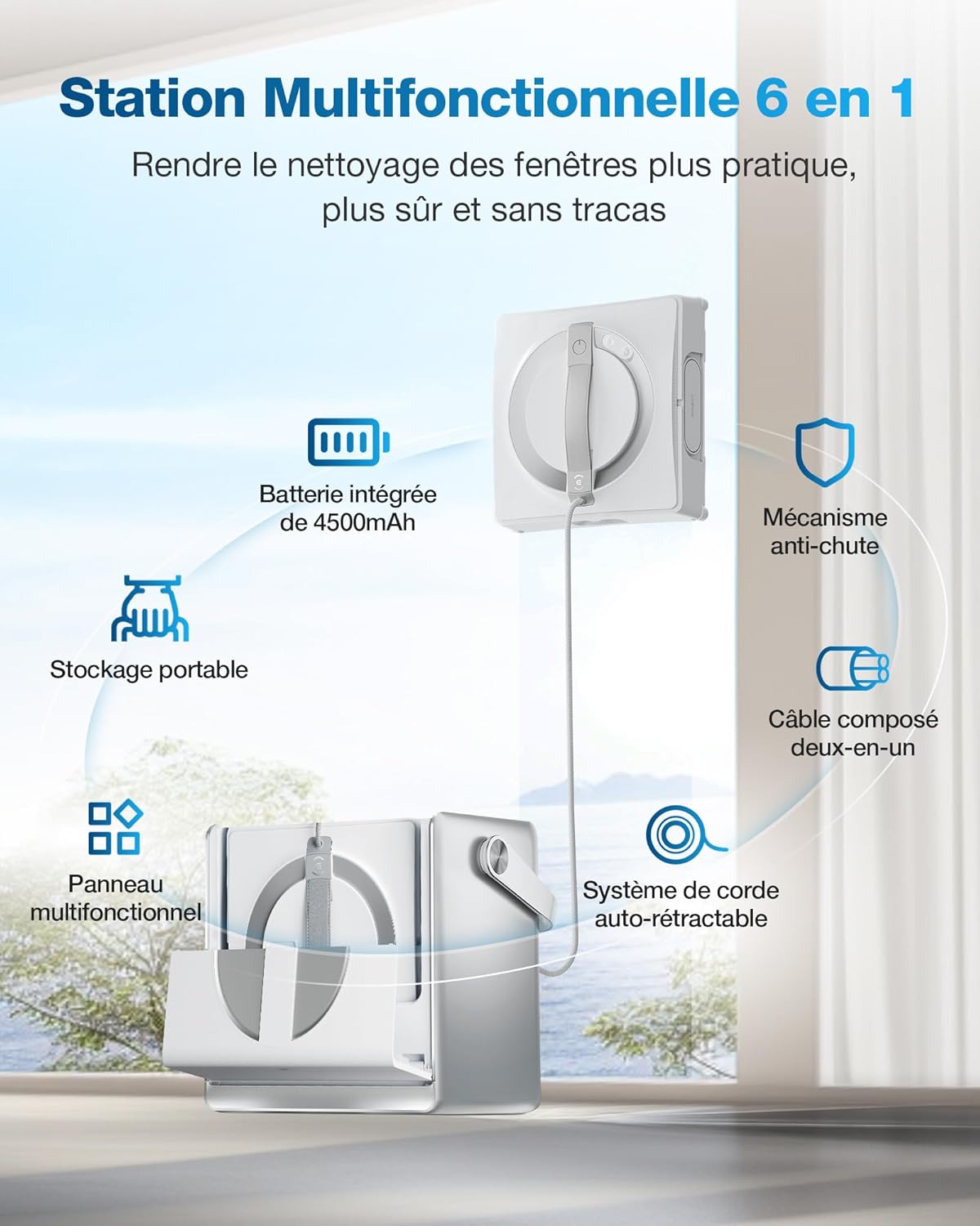 ECOVACS W2 Omni Robot Laveur de Vitre avec Station Multifonctionnelle, Nettoyeur de Vitres avec Système de Protection à 12 Niveaux, Mode de Nettoyage de Bord, Leader de l'industrie