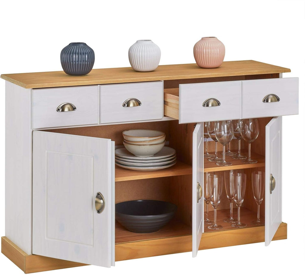 Buffet salle à manger PARIS en bois massif L 116 cm avec 3 portes battantes et 2 tiroirs spacieux, poignées coquille, meuble de rangement pratique, Structure robuste et finition élégante, blanc et bru