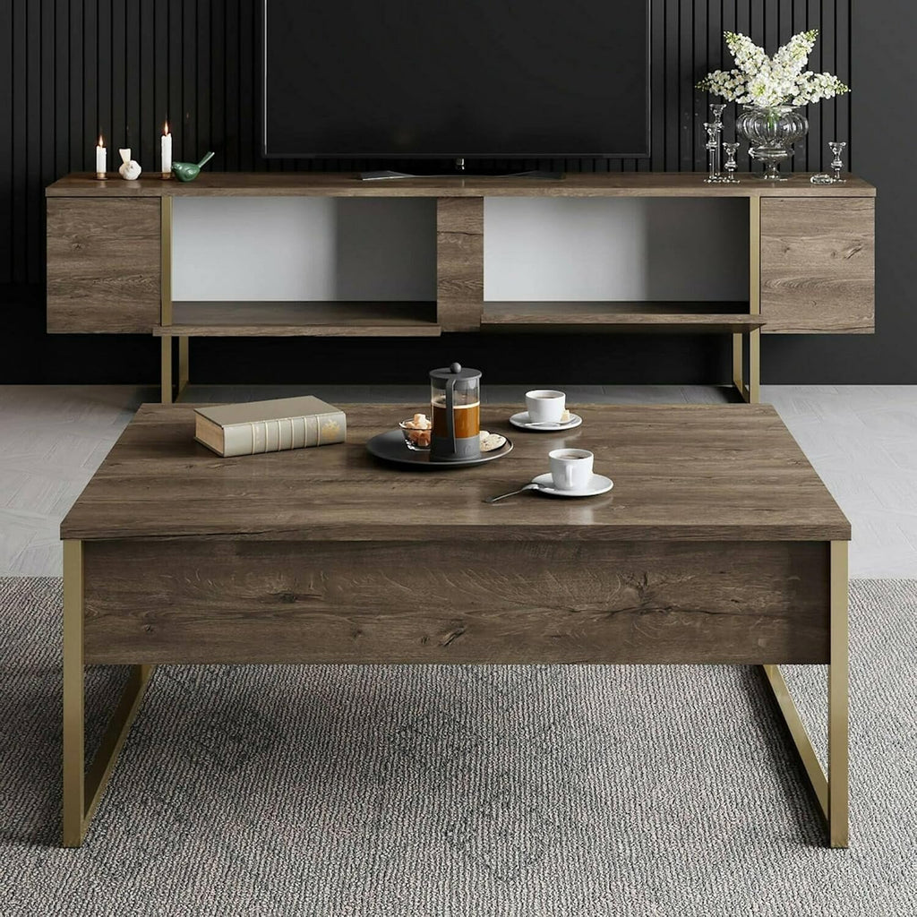 Dmora - Meuble TV Centaurus, Buffet de Salon, Armoire Basse pour TV, Base Murale de Rangement, 180x30h50 cm, Noyer et Or