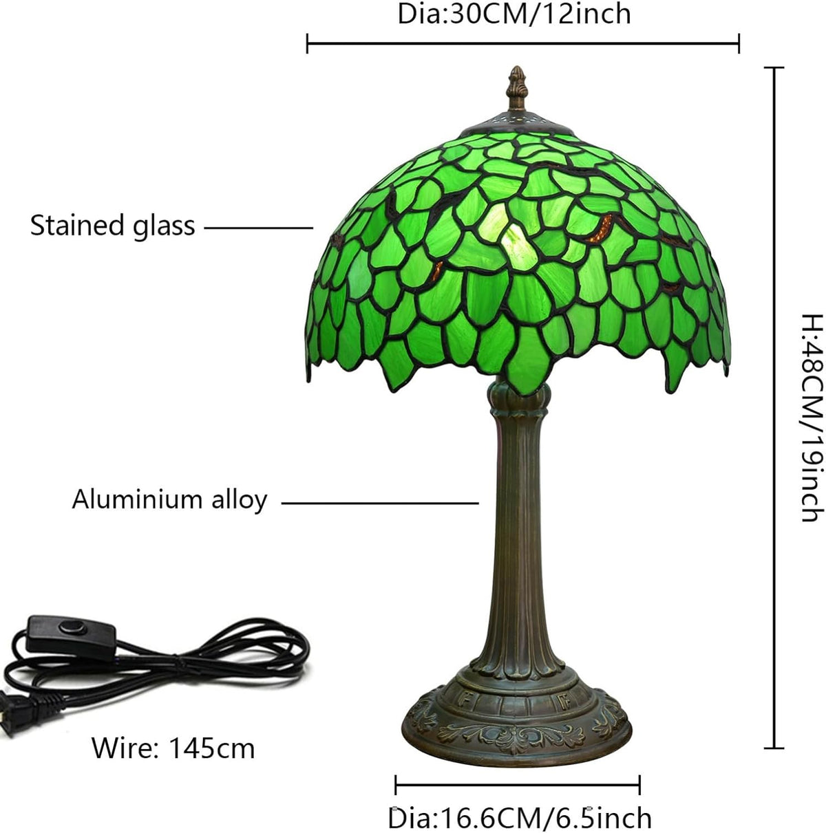 Lywins Tiffany Lampe de Table Vitrail Abat-jour E27 30cm Feuilles Vertes Invité Salle a Manger Bar Lampe Étude Chambre Chevet Lampe De Bureau