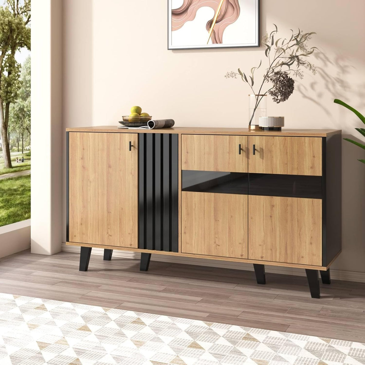 Sweiko Buffet, commode pour salon avec éclairage LED et verre, placard de cuisine avec 3 portes, en bois et noir, buffet pour salle à manger, entrée et couloir (Noir et Naturel)